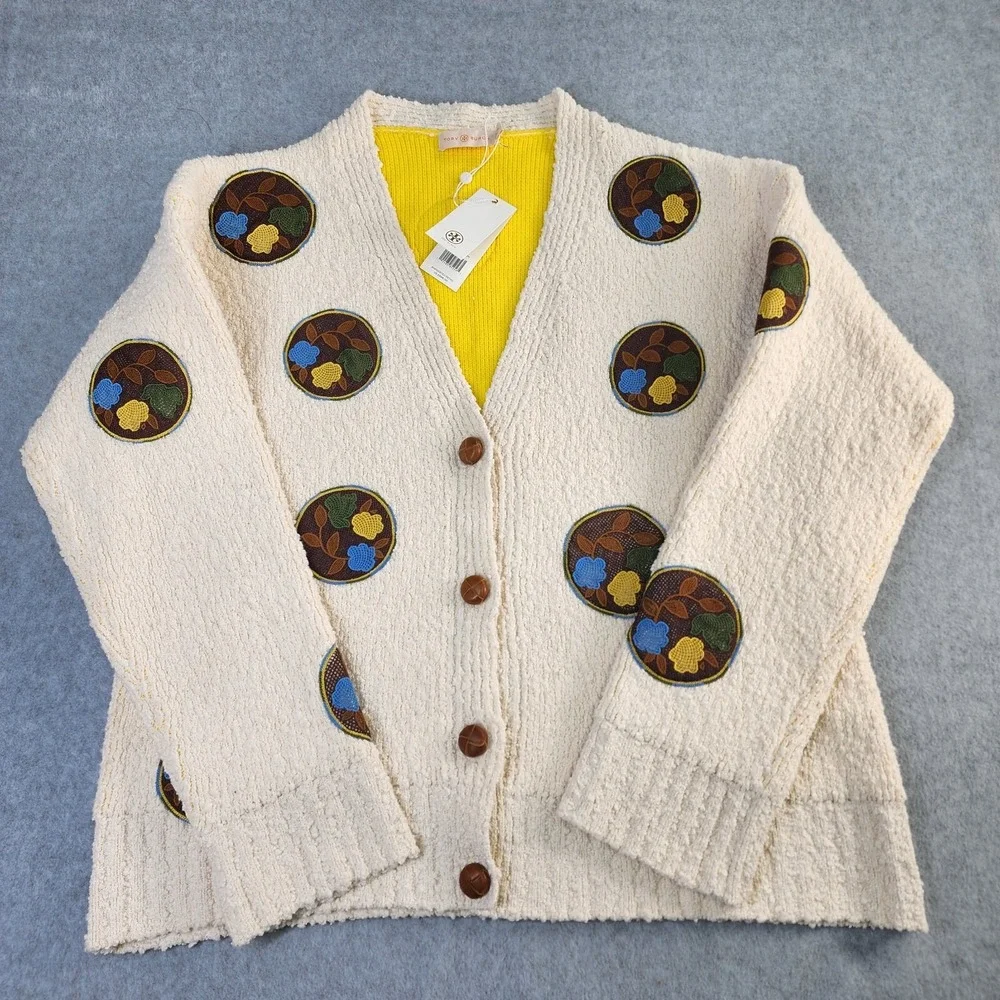Tory Burch Sweater Womens XL Double Faced Floral Dot Cardigan Ivory/Lemon $598